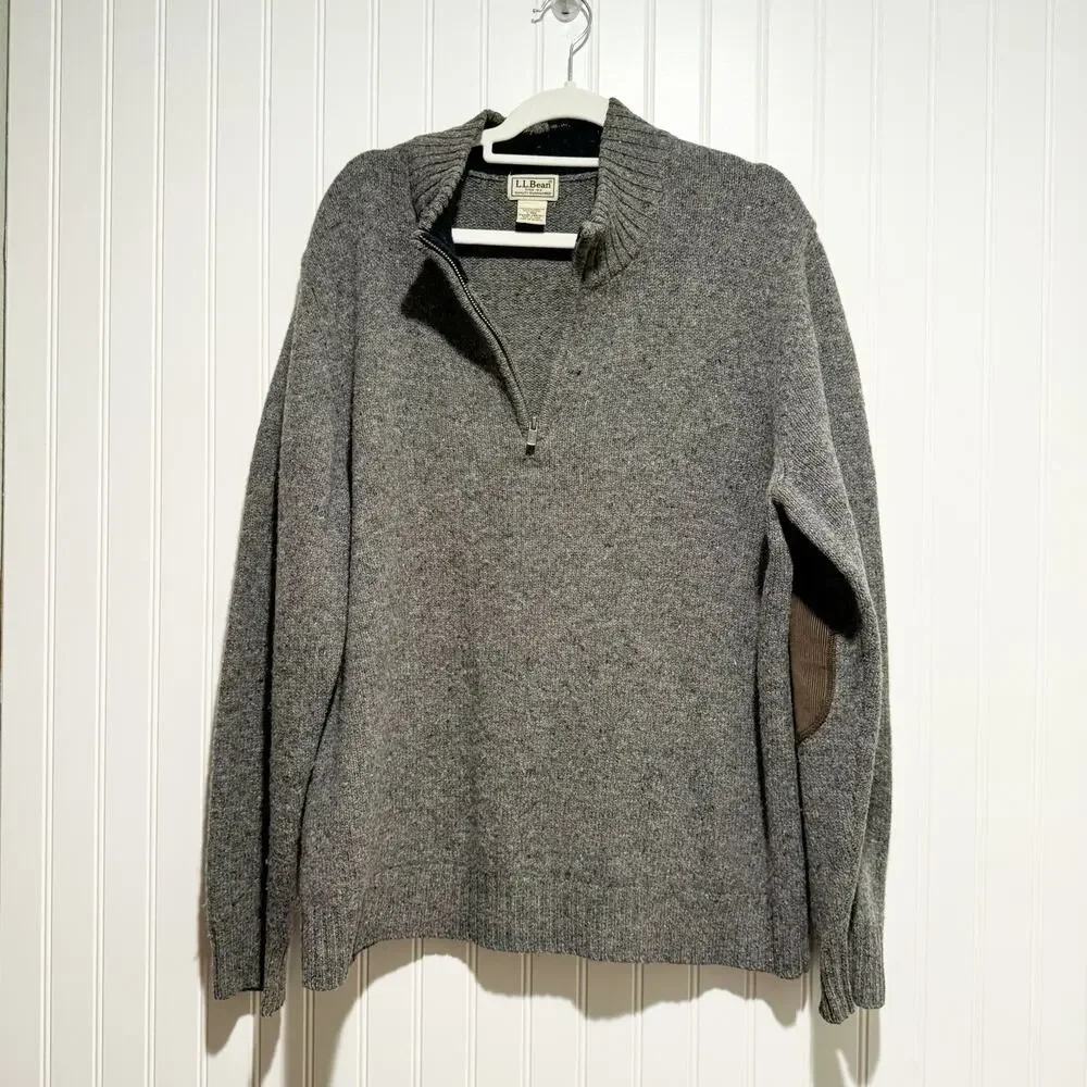 LL Bean Gray Shetland Wool Sweater Corduroy Elbow Patches Quarter Zip Mens Large